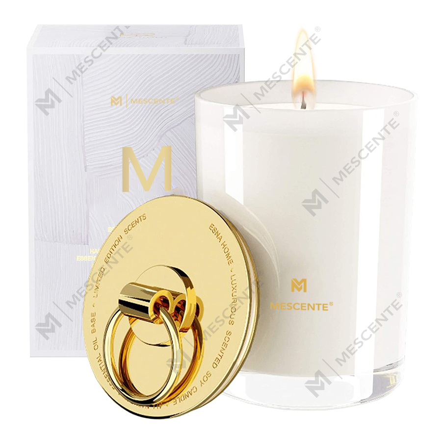 M&Scent Luxe witte sojawaslogo gepersonaliseerde bruiloft geurkaarsen, aangepaste kampkaars