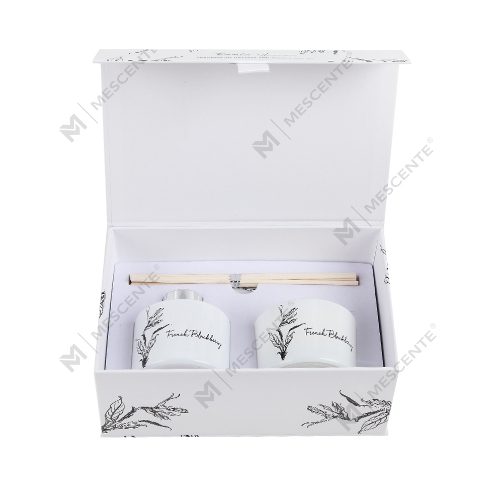 Mescente groothandel luxe private label aroma-rietverspreider en geurkaarsen cadeauset
