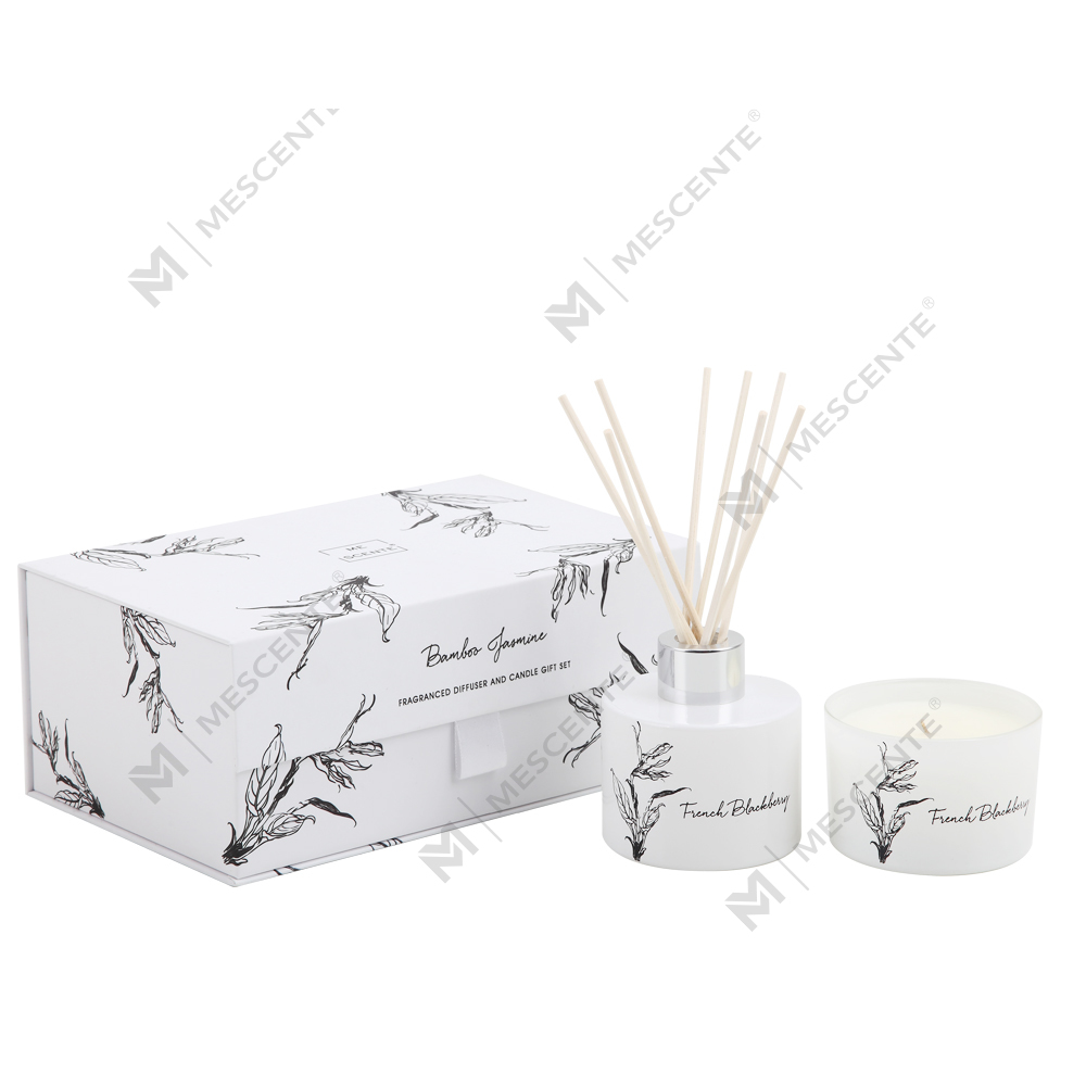Mescente groothandel luxe private label aroma-rietverspreider en geurkaarsen cadeauset