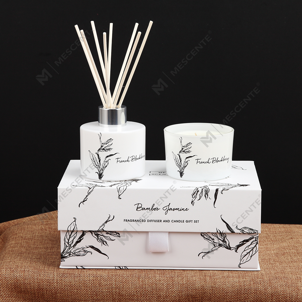 Mescente groothandel luxe private label aroma-rietverspreider en geurkaarsen cadeauset