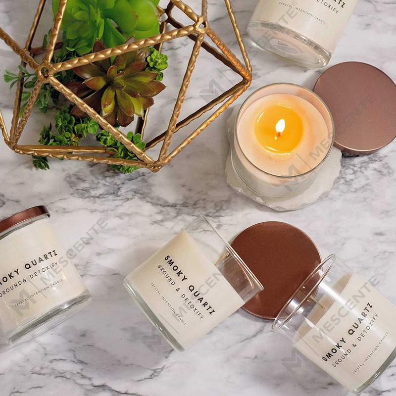 M&Scent nieuwe productideeën, genezende, met kristallen doordrenkte ambachten, geurkaarsen van sojawas
