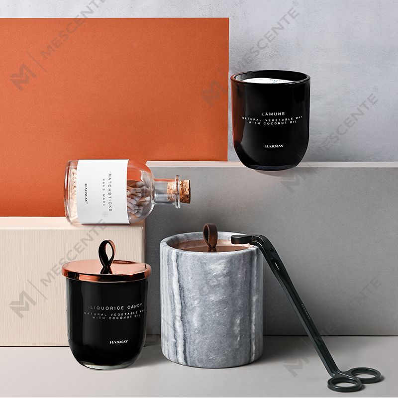 M&Scent groothandel luxe aangepaste decoratie private label zwart glas kristal geurende sojawaskaarsen